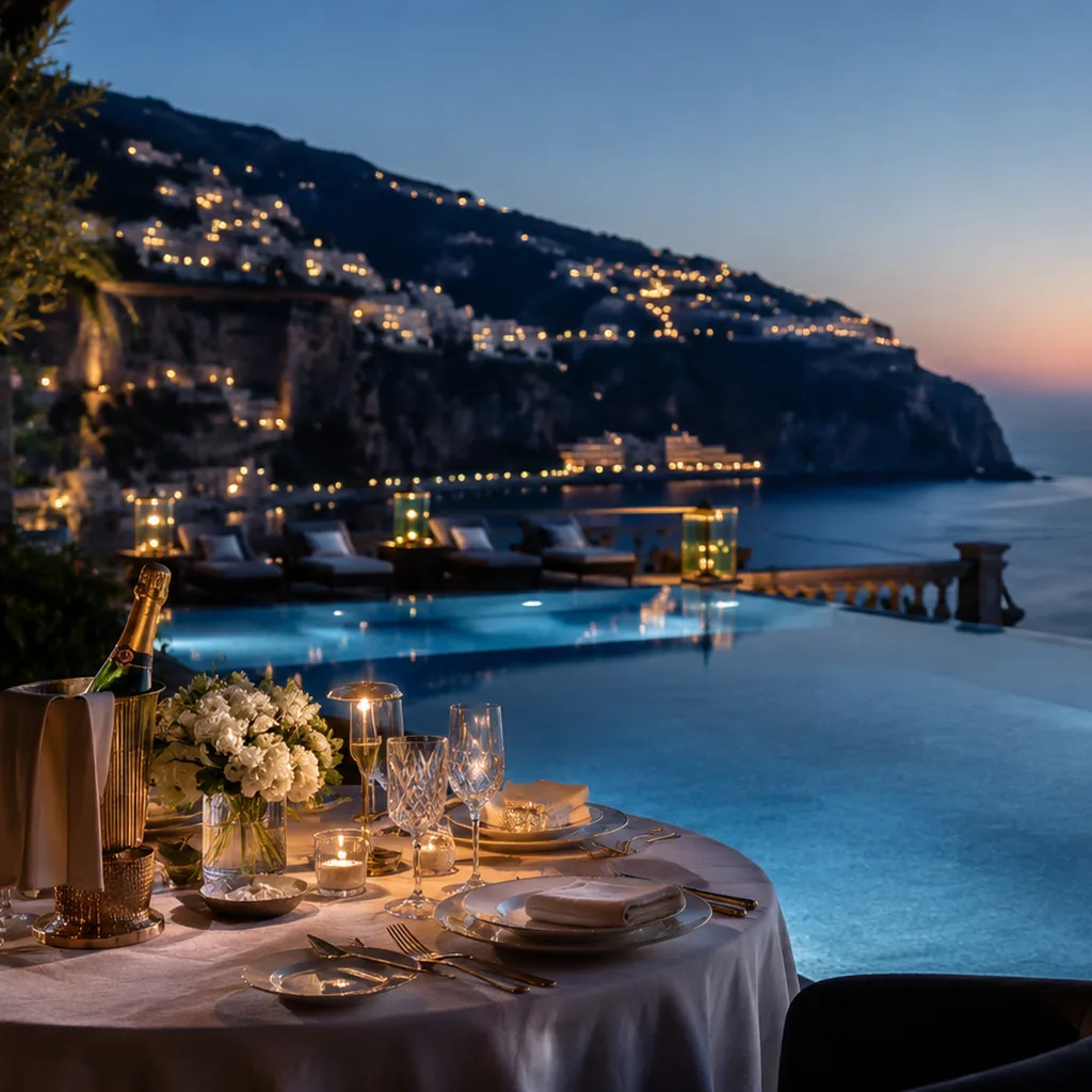 Viaggio premium con atmosfera champagne, oro freddo e dettagli luxury